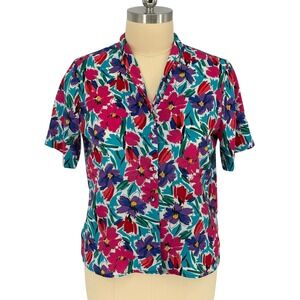 Sellecca Vintage Floral Button Up Blouse Teal Pink Purple Short Sleeve Size 16